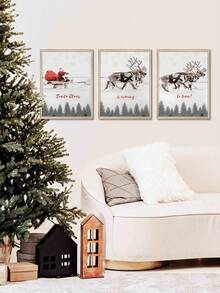 3入組聖誕老人坐雪橇、馴鹿無框畫,農舍風格聖誕家居裝飾及禮品無帶框畫布