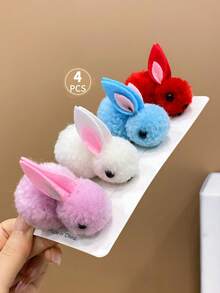 4入組可愛卡通毛絨兔子髮夾,適用於女孩