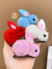 4入組可愛卡通毛絨兔子髮夾,適用於女孩