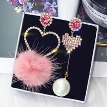 1對不對稱心形&假珍珠&粉色球&鑽石裝飾耳環,適合女性日常生活,晚宴派對和婚禮佩戴 - 愛心 - 查看 10