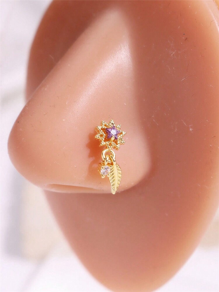 1入豪華風格花卉、星星、鑽石和流蘇鑲嵌的鼻環,適合女性日常配戴首飾 - 紫色 - 查看 1