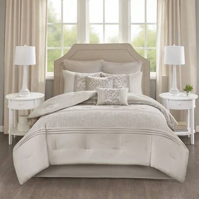 Old Money Lightweight 8 Pieces Bedding Comforter Set,Luxury Embroidered Bedding Set With Matching Shams,Bedskirt,Decorative Pillow,Ramsey Damask,All-Season Down Alternative-Modern Elegant Classical Design,Available In Queen-King-California King Size,Holiday Cozy Gifts For Opulent Style Bedroom