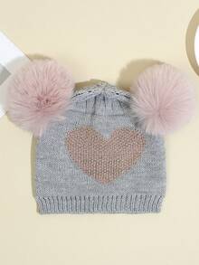 1pc Baby Winter Warm Hat With Love Embroidery, Printed Pattern, Double Pompom, Ear Protection Design - Multicolor - View 2