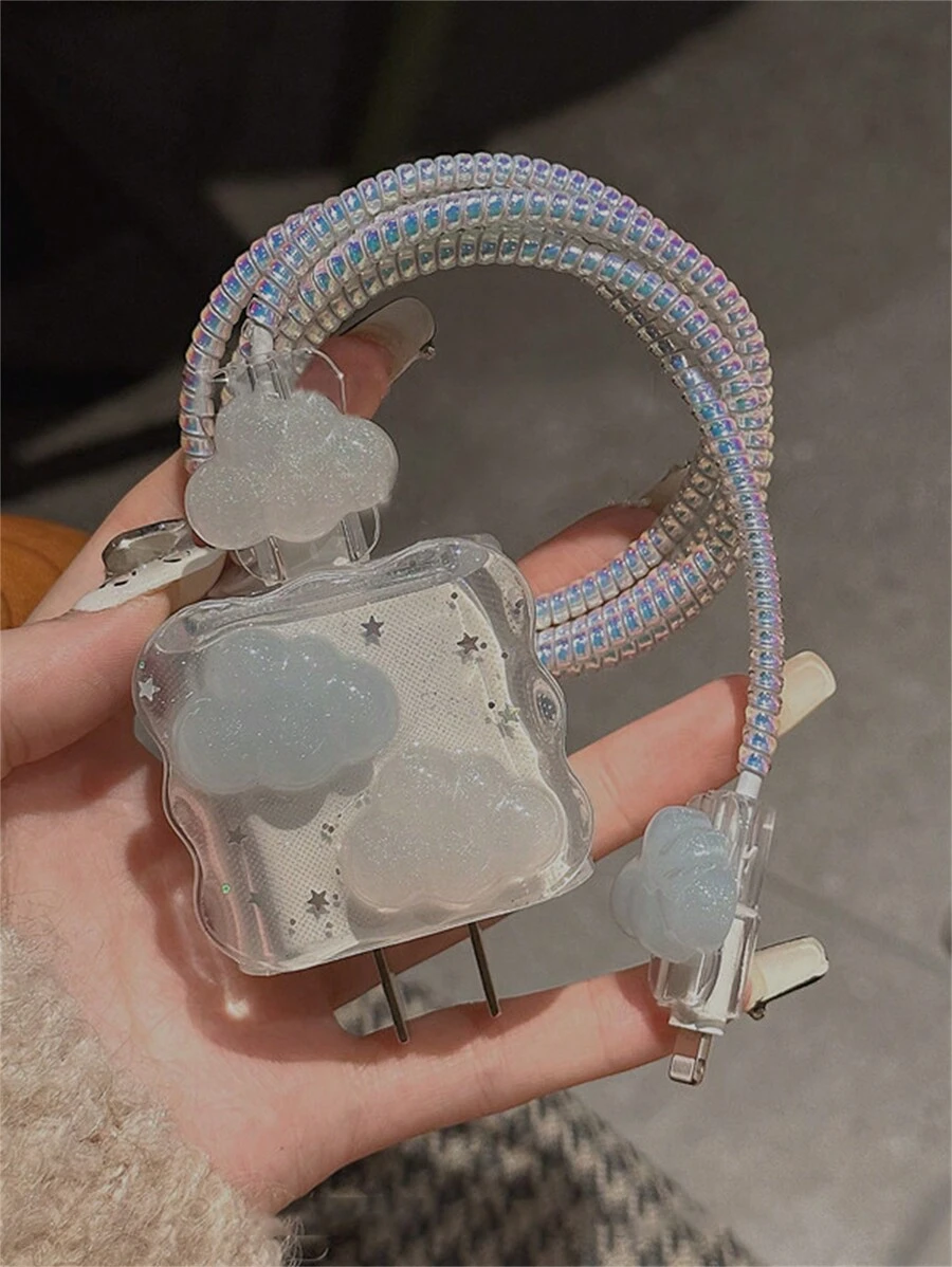 Vỏ bảo vệ USB viền sóng Epoxy hình đám mây 3D dễ thương tương thích với dây cáp dữ liệu 18W-20W Vỏ bảo vệ dây sạc nhanh, Vỏ bảo vệ bộ sạc