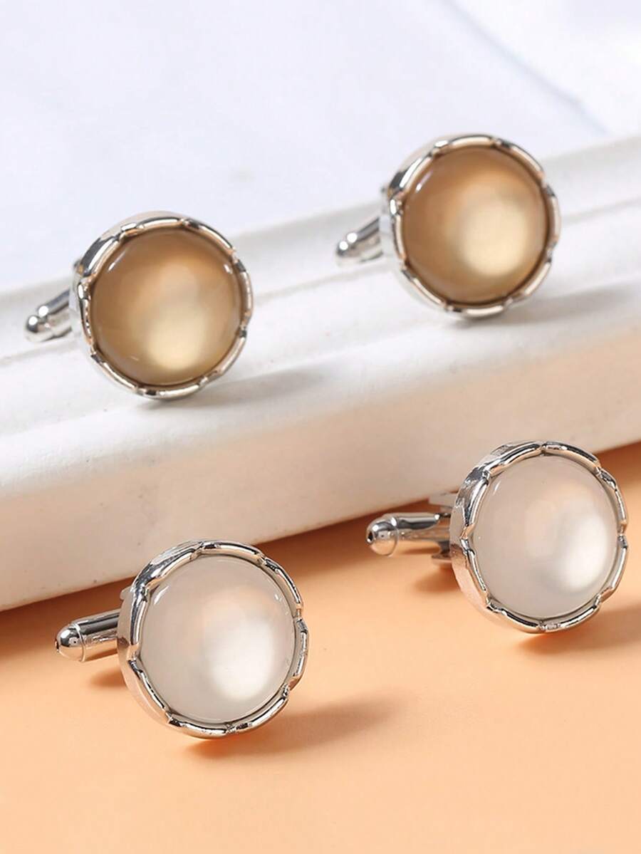 2入組時尚圓形水晶和寶石鑲嵌袖扣,法式情侶襯衫袖扣套裝