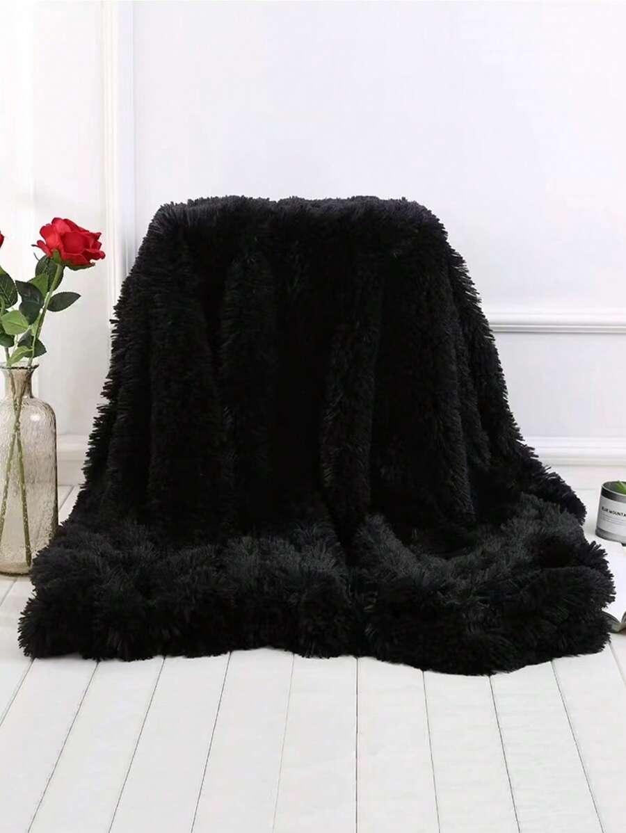 1pc Black Long Plush Pet Blanket, 1.5cm Thick Warm Blanket, Suitable For Large,medium And Small Cats And Dogs, All Season - Black - View 1