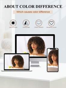 14 吋短捲髮假髮 - 非洲捲髮假髮帶瀏海 2 色調混合棕色合成耐熱全假髮帶假髮 - 彩色 - 查看 9