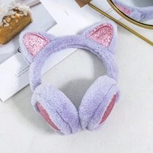 1pc Girls' Light Purple Plush Ear Muffs With Heart-shaped Cat Ear Design, Suitable For Daily Wear In Winter - Mauve Purple - View 2