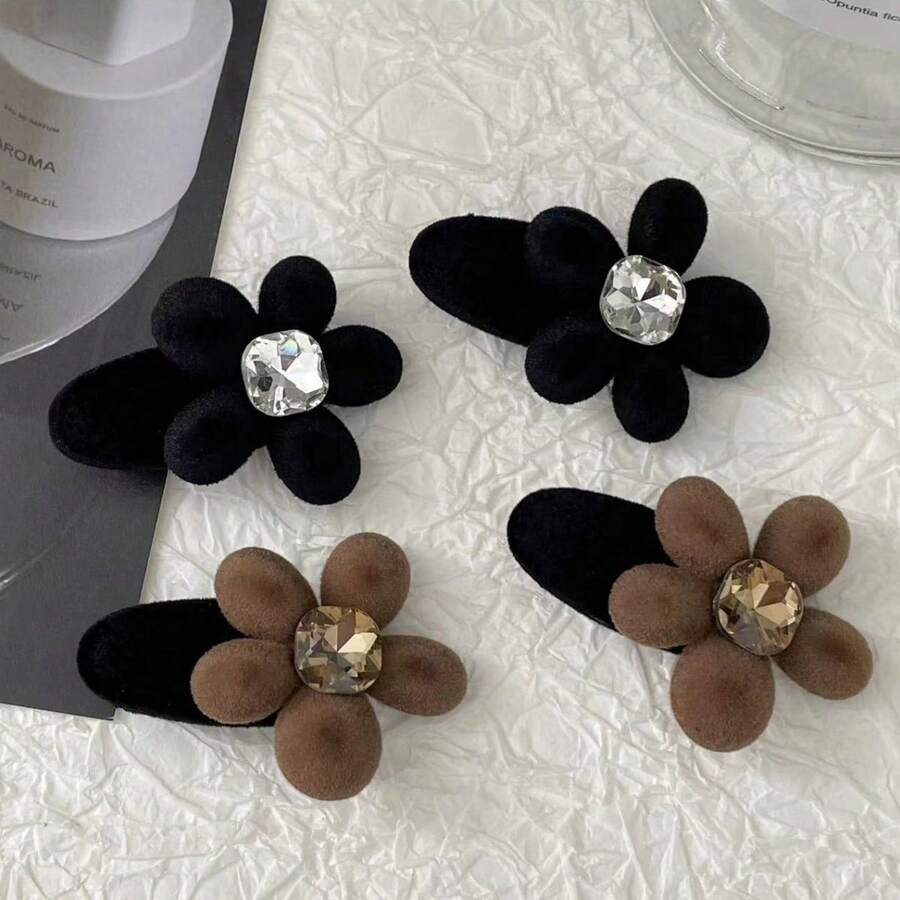 2 件裝女式雙色天鵝絨花朵髮夾,帶水鑽,優雅甜美風格,適合校園時尚,適合節日派對舞蹈,可用作禮物