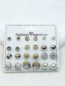 12對/組鑲有珍珠球、花朵、星星設計的鑽石耳針卡片式包裝,適合女性日常佩戴、派對、約會、節日禮物