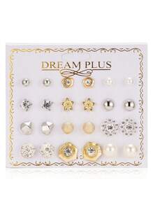 12對/組鑲有珍珠球、花朵、星星設計的鑽石耳針卡片式包裝,適合女性日常佩戴、派對、約會、節日禮物
