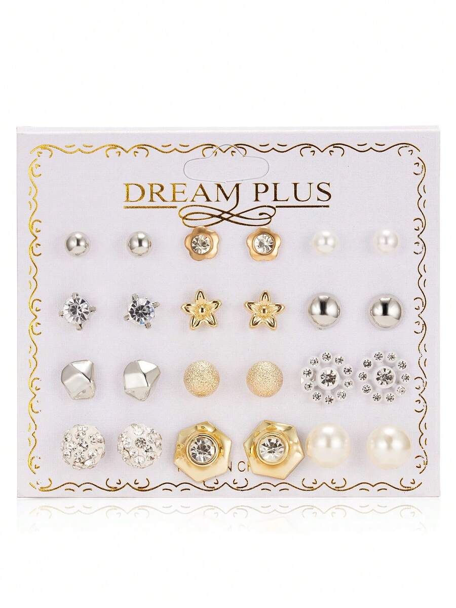 12對/組鑲有珍珠球、花朵、星星設計的鑽石耳針卡片式包裝,適合女性日常佩戴、派對、約會、節日禮物
