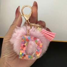 可爱 1 件女式大写字母钥匙扣，带粉色球、流苏、闪亮心形吊坠，完美作为闺蜜礼物汽车配件包饰品学院哥特 Y2k