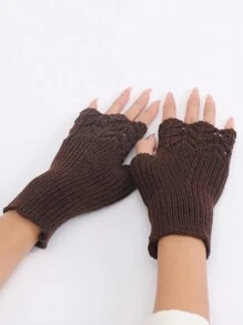 1双女士短款咖啡色鱼鳞纹针织手套，保暖半指露指手套，夏季保暖袖套 - 咖啡棕 - 查看 2