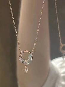 1入鑲有鑽石的豪華溫柔四角星月亮吊墜項鍊,適合作為女性約會禮物 - 銀色 - 查看 1
