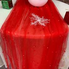 Khăn trải bàn trang trí bằng ngọc trai giả, Khăn trải bàn bằng vải tuyn màu đỏ ngọc trai cho tiệc cưới, Khăn trải bàn cực dài để trang trí vòm đám cưới và quà tặng cô dâu - Đỏ - Xem 1