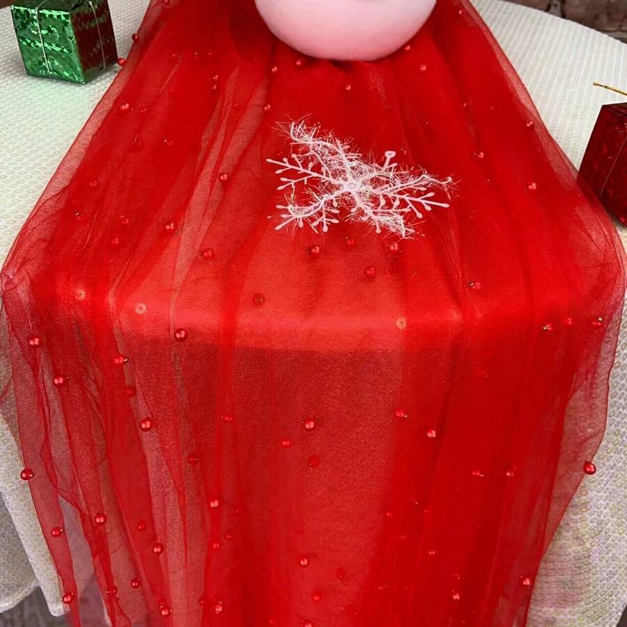 Khăn trải bàn trang trí bằng ngọc trai giả, Khăn trải bàn bằng vải tuyn màu đỏ ngọc trai cho tiệc cưới, Khăn trải bàn cực dài để trang trí vòm đám cưới và quà tặng cô dâu - Đỏ - Xem 1