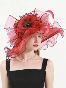 HIMESPORT 紅格子紗質婚禮新娘鬆緊帽,女士茶會派對禮帽,配羽毛、鑽石、花朵頂部網紗帽 - 紅色 - 查看 3