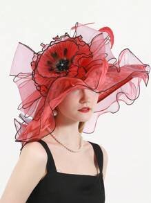 HIMESPORT 紅格子紗質婚禮新娘鬆緊帽,女士茶會派對禮帽,配羽毛、鑽石、花朵頂部網紗帽 - 紅色 - 查看 4