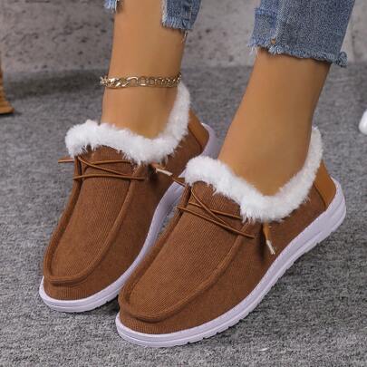 Women's Thickened Flat Warm Shoes: Thick Bottom Snow Boots, Non-slip, Simple, Low-heeled, Casual, Soft-soled Warm Canvas Shoes