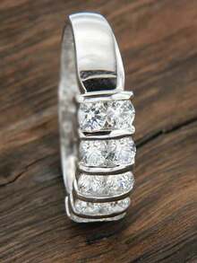 1pc Elegant White Zirconia Double Row Ring, Simple Design Engagement & Wedding Ring