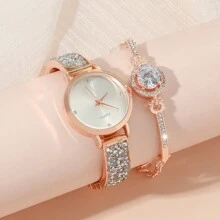 6pcs/Set Women's Fashion Round Crystal Dial Steel Strap Quartz Watch, Bracelet, Necklace, Earrings & Ring Set, Luxury Gift For Festivals