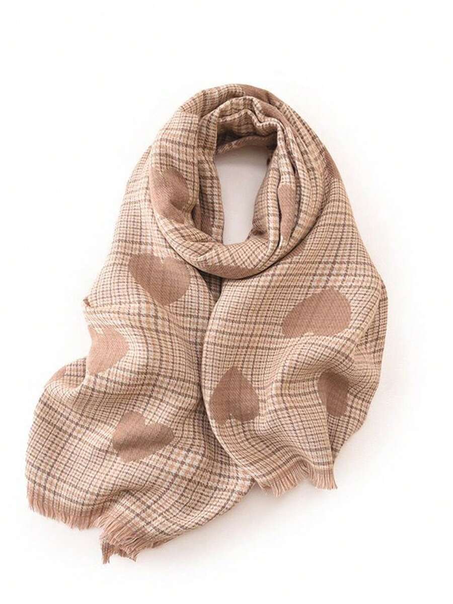 1入款女士時尚圍巾,冬季韓國風格愛心格紋設計雙面仿羊絨圍巾,多功能披肩