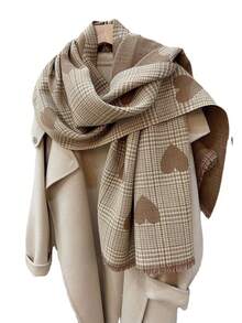 1入款女士時尚圍巾,冬季韓國風格愛心格紋設計雙面仿羊絨圍巾,多功能披肩