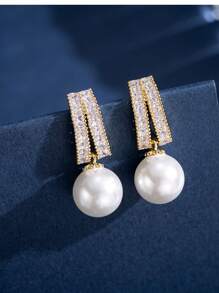 時尚法式嵌珠幾何耳釘,s925純銀耳環 - 金色 - 查看 9