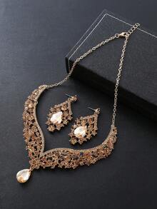 3入組女性新娘珠寶套裝,包括項鍊、耳環和手鍊,鍍合金和全鑲鑽飾,適合婚禮和晚禮服