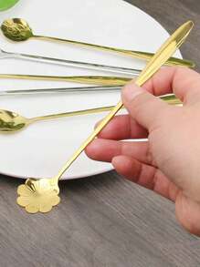 4pcs Stainless Steel Long-Handled Mixing Spoon, Small Spoon, Coffee Spoon, Extended Creative Ice Spoon, Sweetness Honey Petal Spoon,Kitchen,Christmas Gift,School Supplies - Gold - View 5