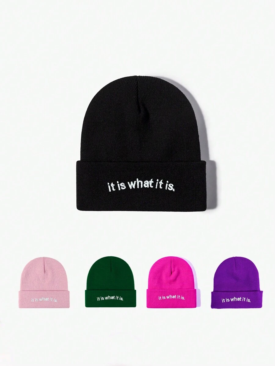 1頂y2k風格的深紫色滑雪帽,帽身上繡有it Is What It Is字樣,男女皆宜的針織毛帽,適用於戶外和冬季 - 紫色 - 查看 1