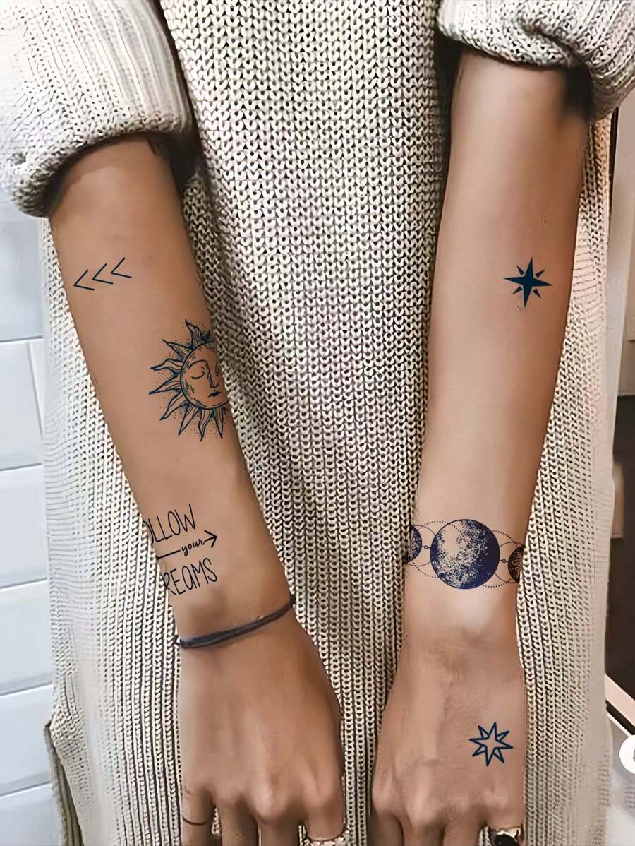 臂部簡約混搭圖案紋身貼紙太陽月亮星球臨時假紋身貼紙字母箭頭草本防水紋身貼紙一次性紋身效果持久7-14天 - 藍色 - 查看 1