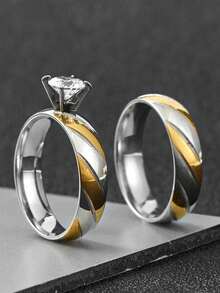 2 件男士经典浪漫戒指，不锈钢情侣水钻戒指结婚戒指