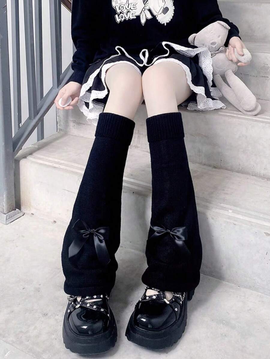 1 cặp tất chân giữ ấm cho nữ, tất chân giữ ấm bằng vải dệt kim màu trơn, mùa thu và đông - màu đen - Xem 1