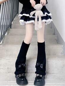 1 cặp tất chân giữ ấm cho nữ, tất chân giữ ấm bằng vải dệt kim màu trơn, mùa thu và đông - màu đen - Xem 2