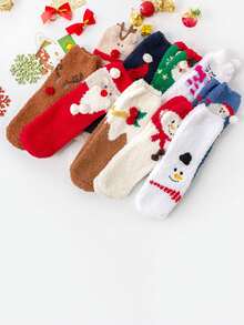2對女士冬季卡通珊瑚絨軟綿聖誕袜,厚實保暖的居家地板袜,適用於產後睡眠(隨機顏色)