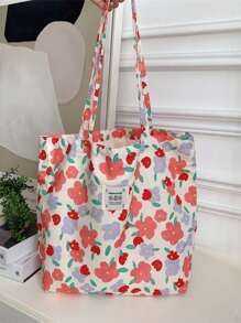 夏季花卉手提袋,大容量玫瑰花帆布袋,沙灘包,購物袋,肩背包