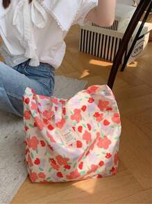 夏季花卉手提袋,大容量玫瑰花帆布袋,沙灘包,購物袋,肩背包