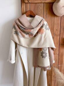 1 件女式秋冬雙色花朵提花人造羊絨披肩和厚保暖圍巾,適合日常使用 - 彩色 - 查看 1