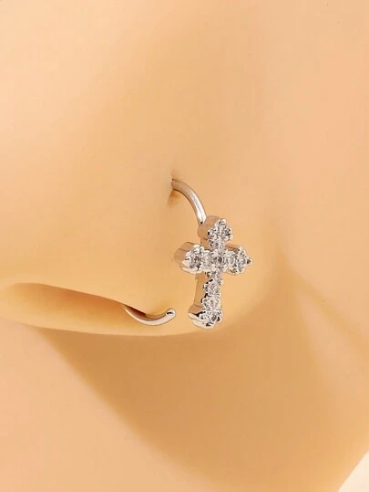 1pc 20g Circular Nose Ring Nose Stud With Cross-shaped Rhinestone Decoration For Women's Everyday Wear