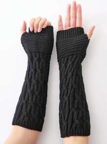 1 双女士黑色扭花针织手套，半指/连指手套和臂套套装，时尚保暖，适合秋冬季节 - 黑色 - 查看 1