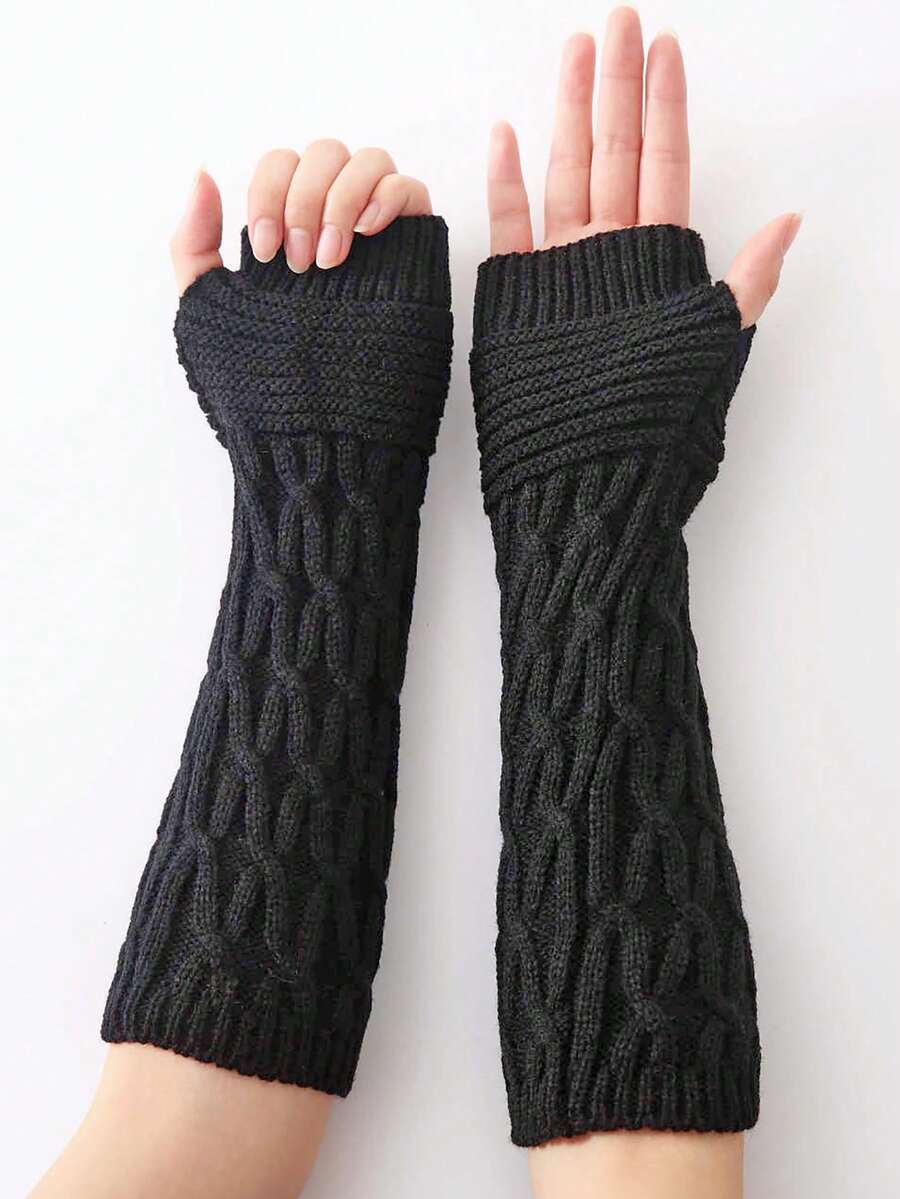 1 双女士黑色扭花针织手套，半指/连指手套和臂套套装，时尚保暖，适合秋冬季节 - 黑色 - 查看 1
