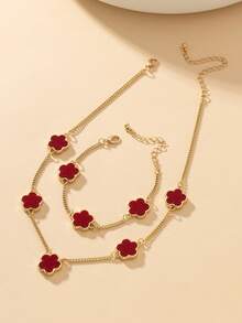 1 Set: 1 Pc Metallic Clover Flower Bracelet And 1 Pc Necklace - Red - View 2