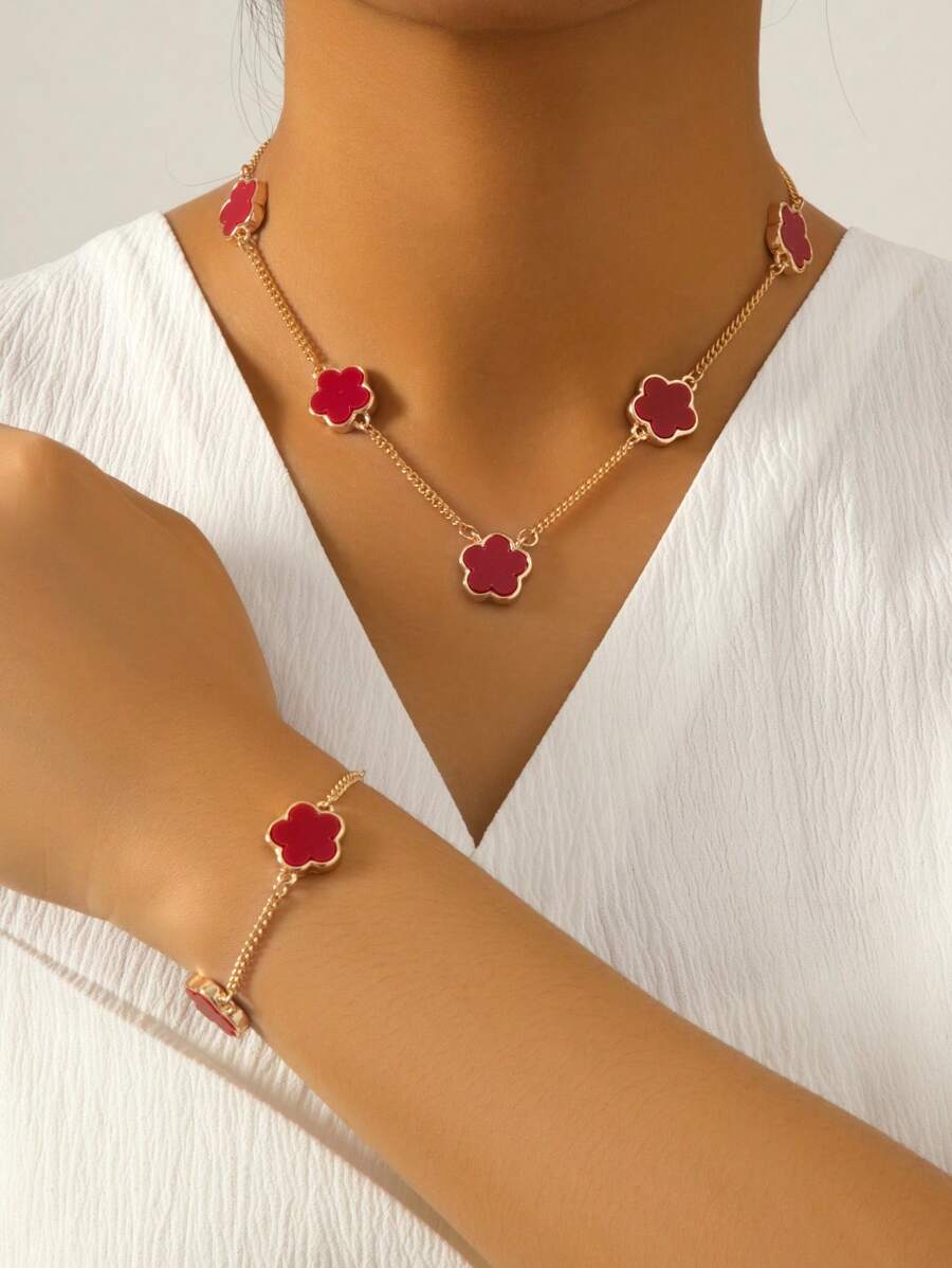 1 Set: 1 Pc Metallic Clover Flower Bracelet And 1 Pc Necklace - Red - View 1