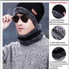 2入組加厚極線羊毛頸帽套裝,適用於滑雪、秋冬季節,時尚帽沿配可拆卸頸部保暖套