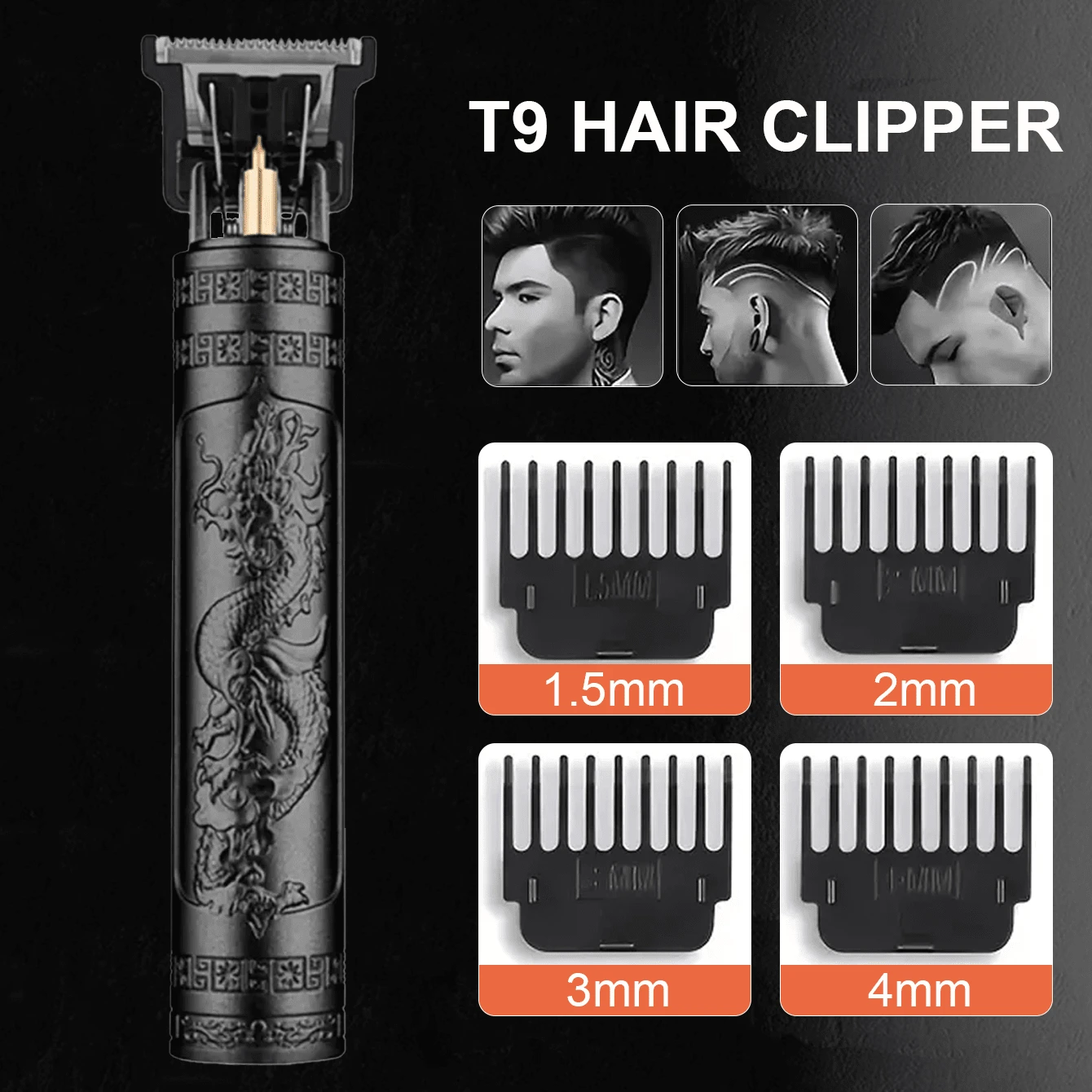 無線 T9 男士理髮器專業鬍鬚修剪器附 4 個導梳電動刮鬍刀男士電動刮鬍刀理髮剪 - 黑色 - 查看 1