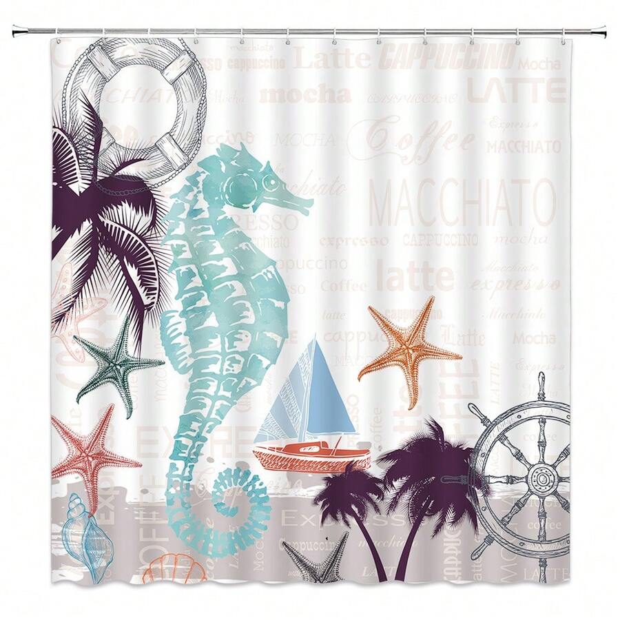 1入海洋風景淋浴簾,帆船、海星、海馬、椰子樹浴室淋浴裝飾配鉤子