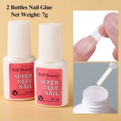 2瓶快乾指甲膠假指甲貼片帶刷子超強粘貼鑽石假指甲凝膠美甲