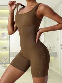 Women's Jumpsuits Seamless Ribbed round Neck One Piece  Sleeveless Rompers Sexy Tank Top Shorts - Coffee Brown - View 1